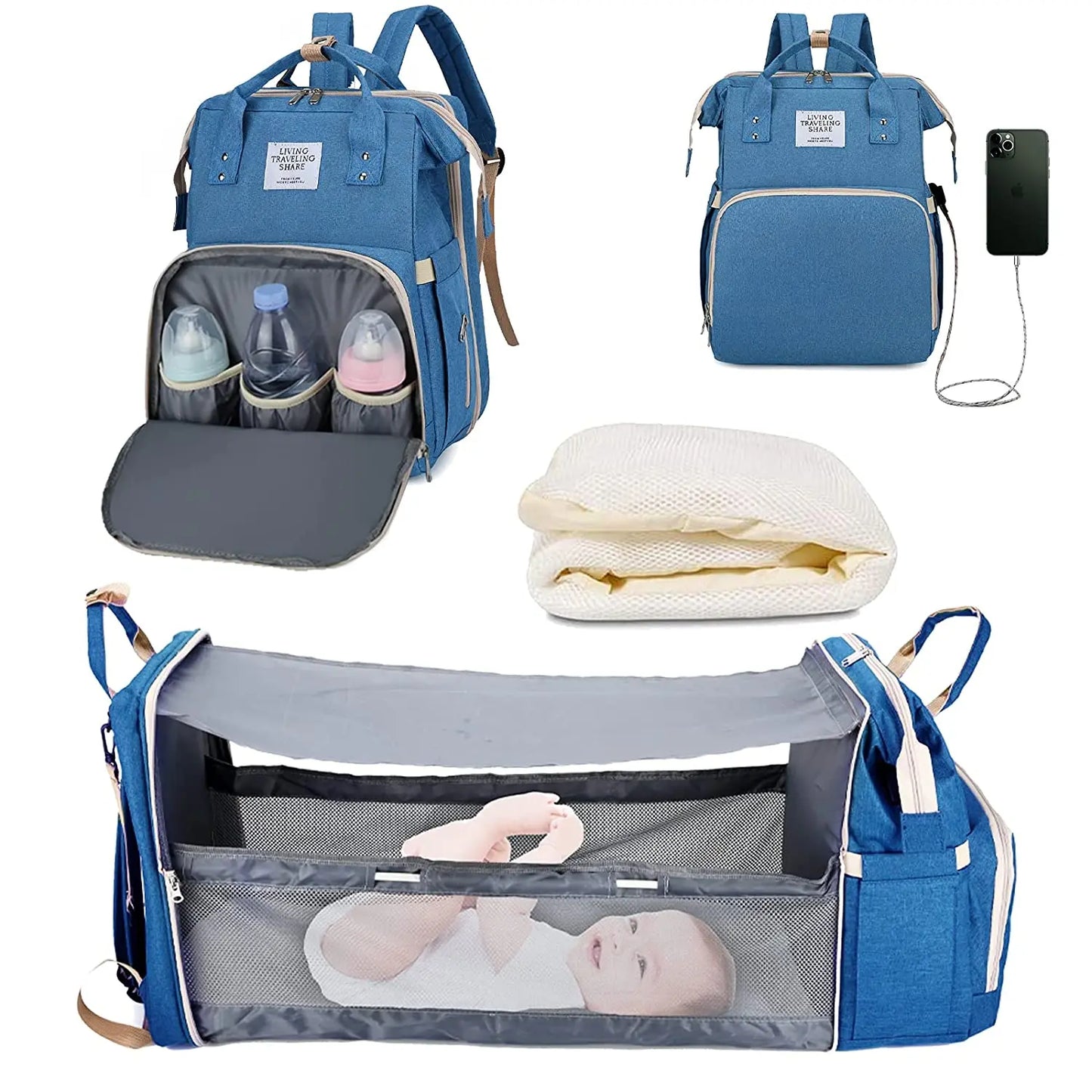 BabyNest 3-in-1 Diaper Bag โ Foldable Bed & USB Travel Backpack