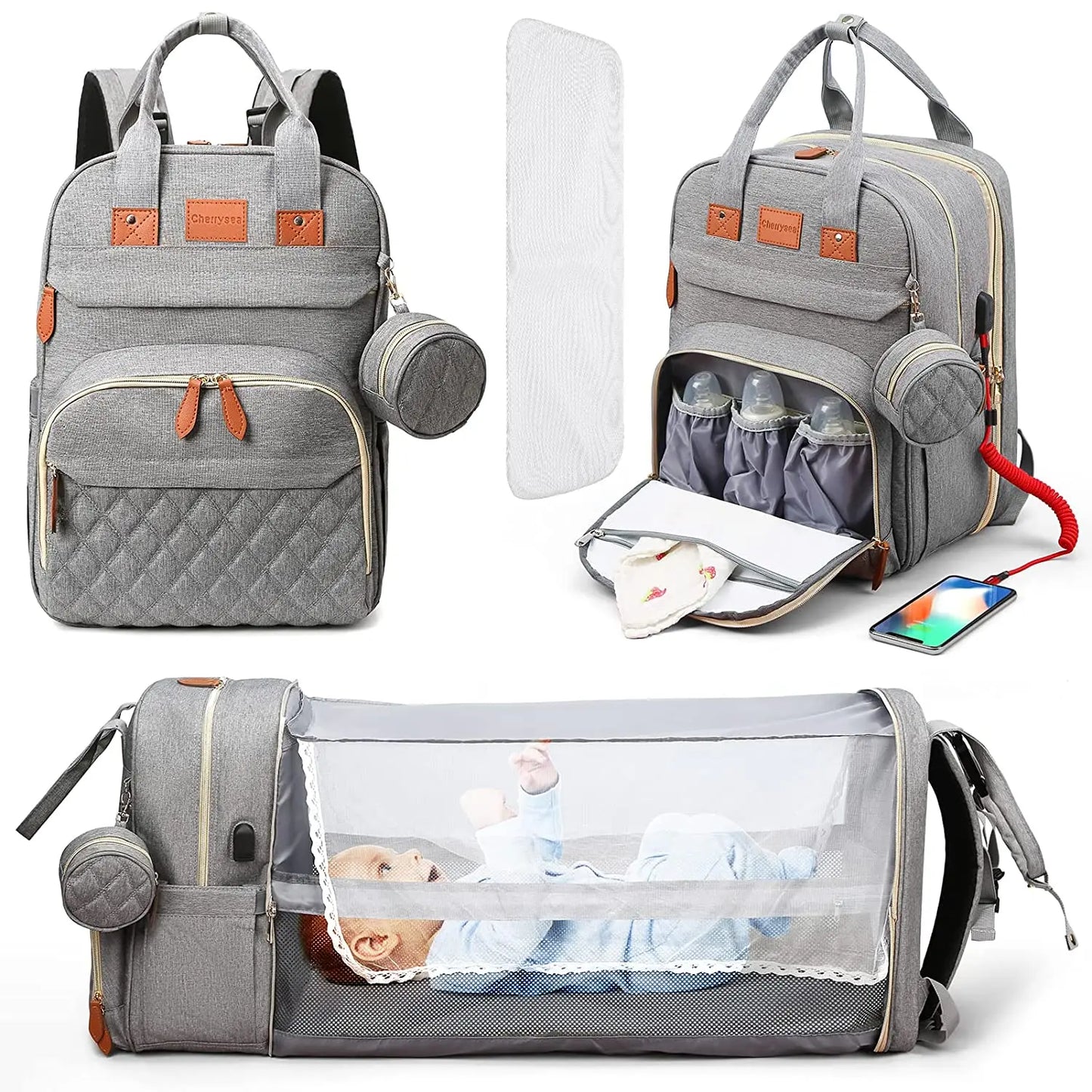 BabyNest 3-in-1 Diaper Bag – Foldable Bed & USB Travel Backpack