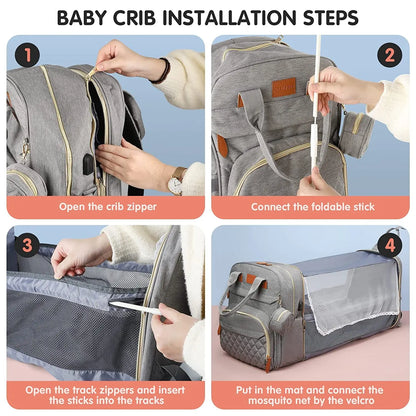 BabyNest 3-in-1 Diaper Bag – Foldable Bed & USB Travel Backpack