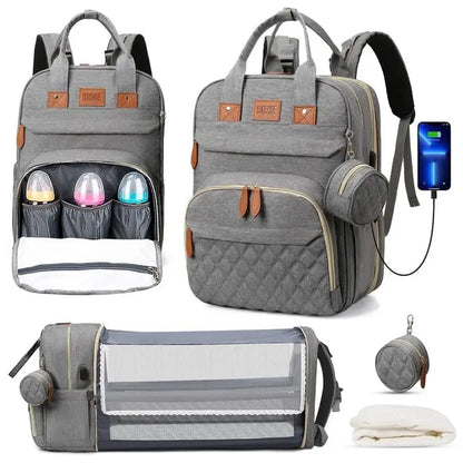 BabyNest 3-in-1 Diaper Bag – Foldable Bed & USB Travel Backpack