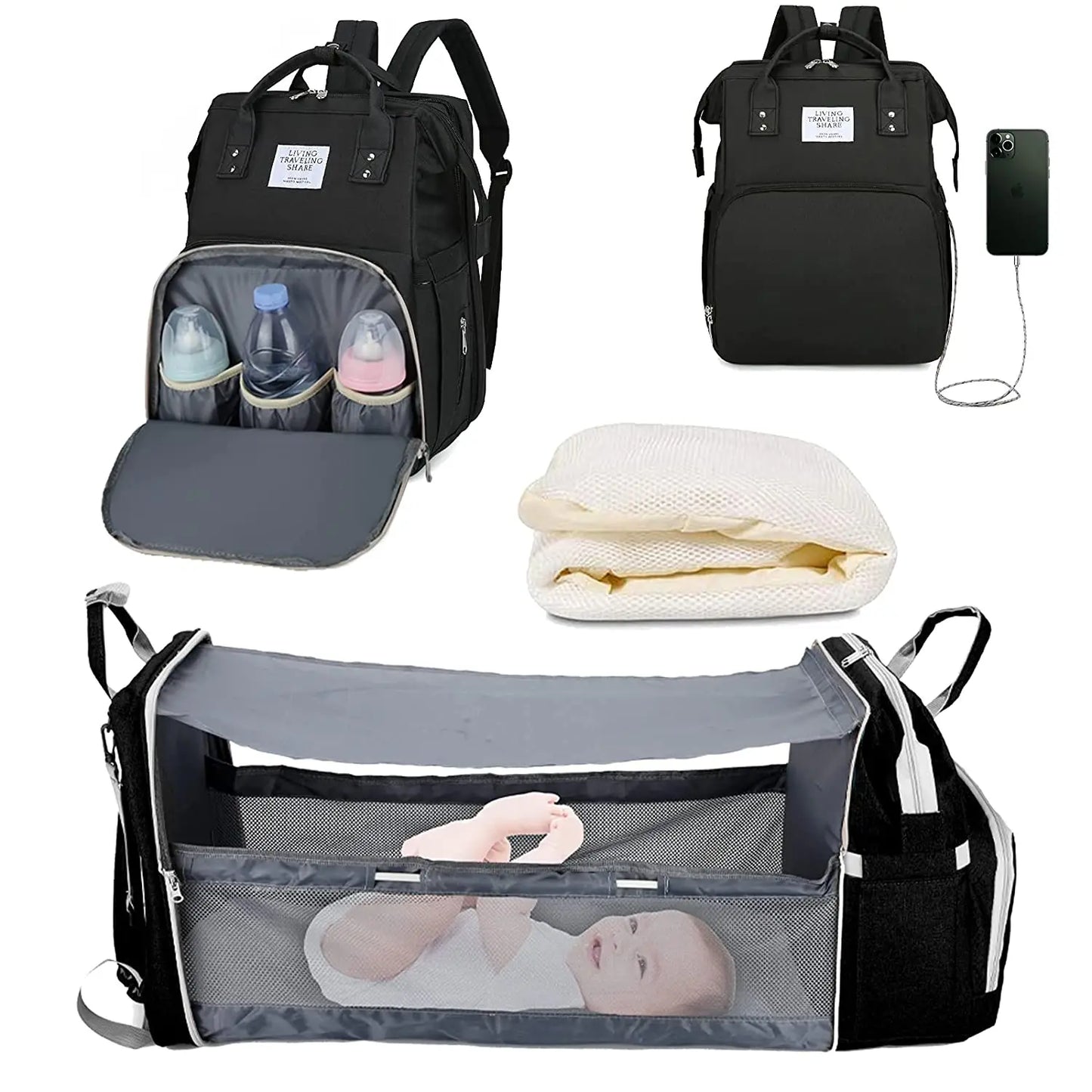 BabyNest 3-in-1 Diaper Bag – Foldable Bed & USB Travel Backpack
