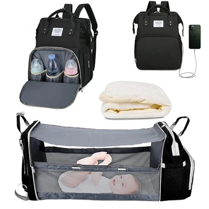 BabyNest 3-in-1 Diaper Bag – Foldable Bed & USB Travel Backpack
