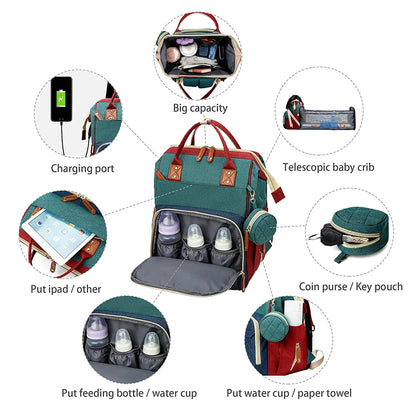 BabyNest 3-in-1 Diaper Bag – Foldable Bed & USB Travel Backpack